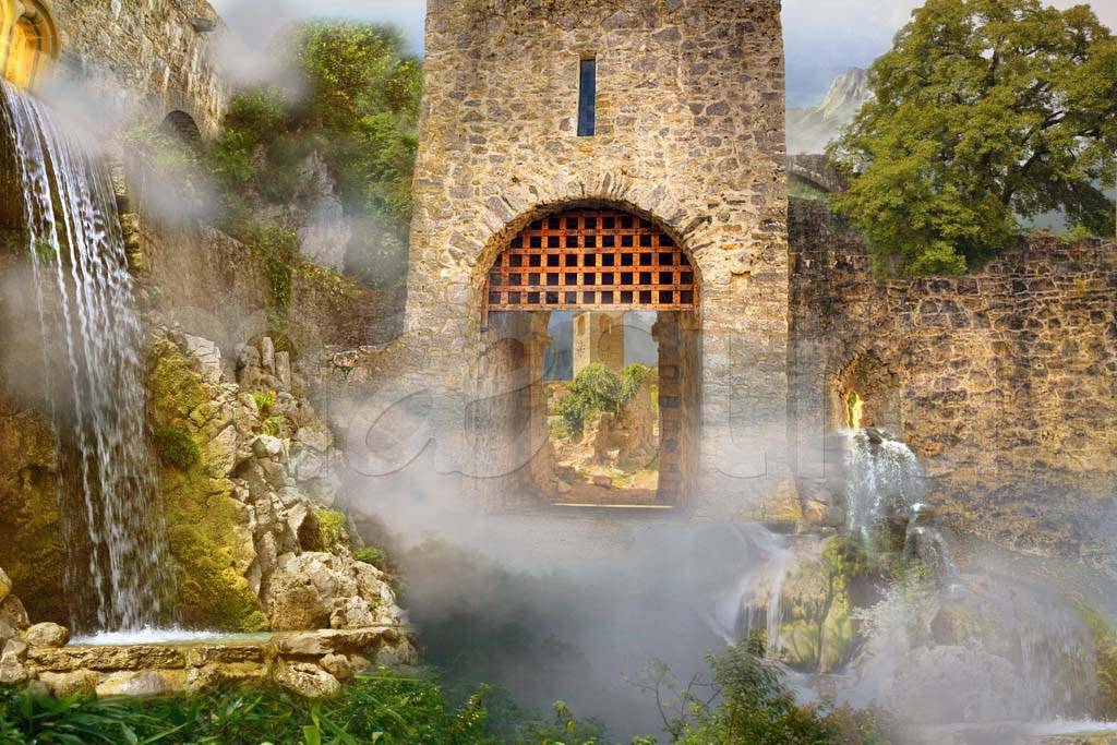 Фотообои Старинный замок у водопада